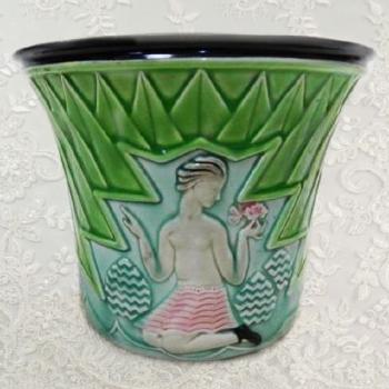 Art deco zelený květináč s akty Art deco zelený květináč s akty